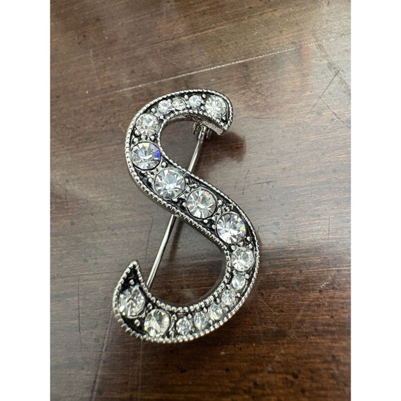 Rhinestone Embellished “S” Initial Brooch Pin Black Fashion Gift Name - Picture 1 of 8